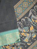 Dola silk fancy saree navy blue color allover stripes & zari border with printed pallu and printed blouse