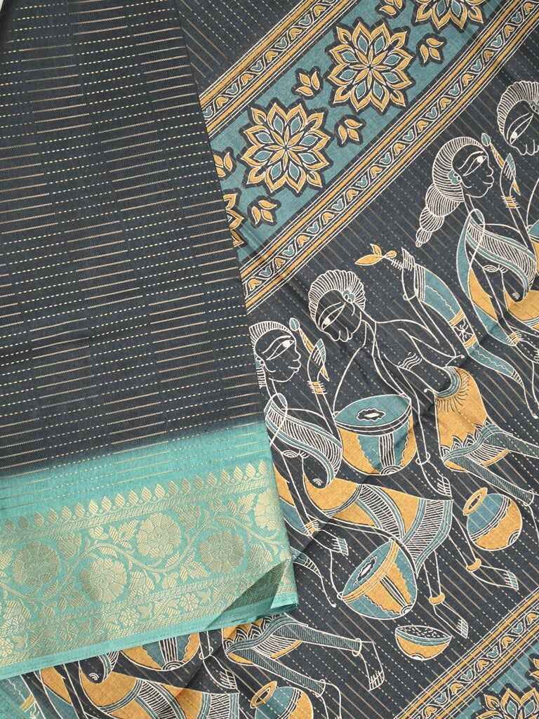Dola silk fancy saree navy blue color allover stripes & zari border with printed pallu and printed blouse