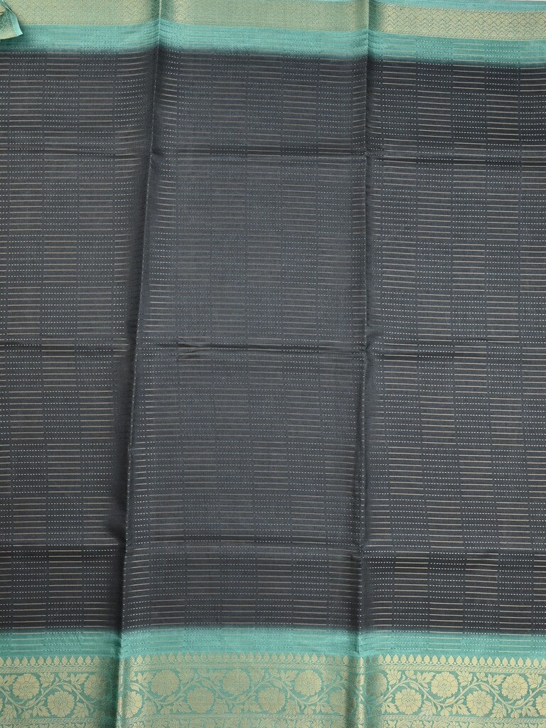 Dola silk fancy saree navy blue color allover stripes & zari border with printed pallu and printed blouse