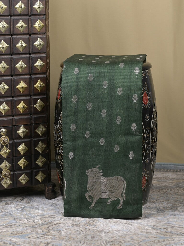 Mangalagiri fancy saree dark green color allover zari motifs & zari border with brocade pallu and brocade blouse