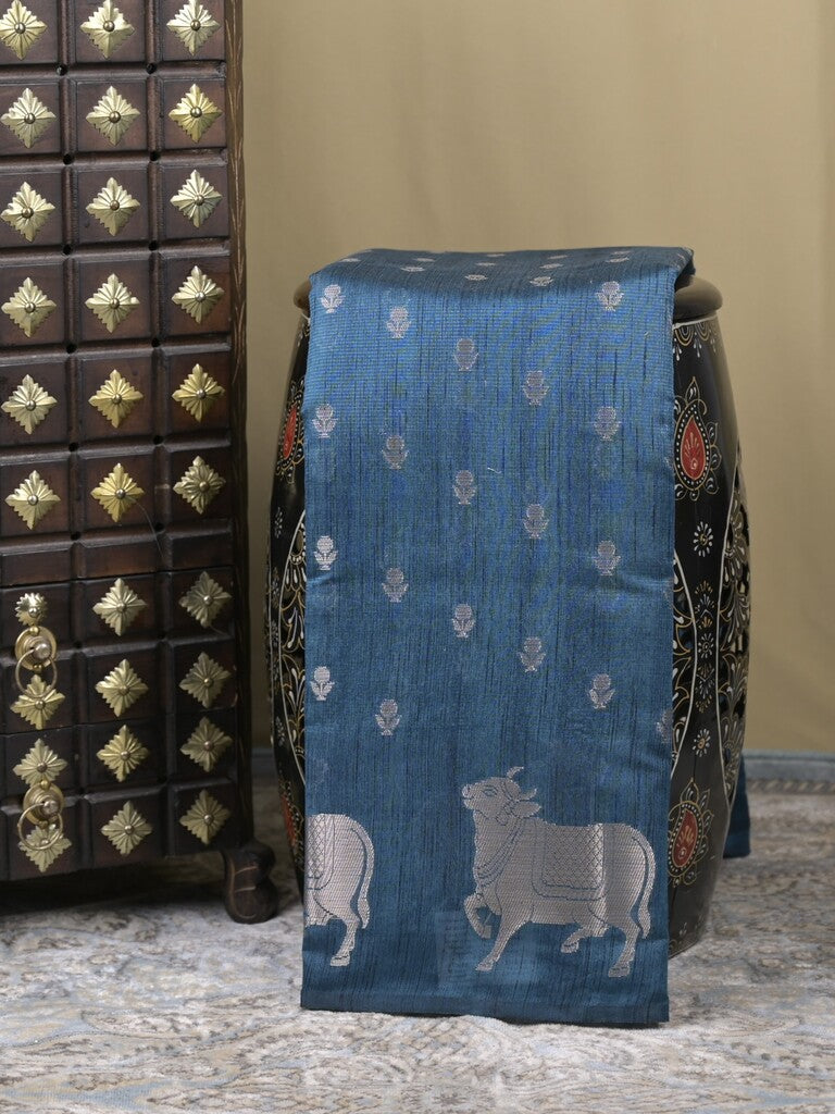 Mangalagiri fancy saree blue color allover zari motifs & zari border with brocade pallu and brocade blouse