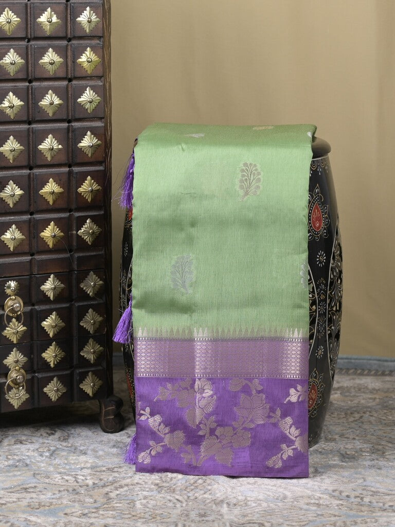 Raw mango fancy saree pista green color allover zari weaves & zari border with brocade pallu and plain blouse