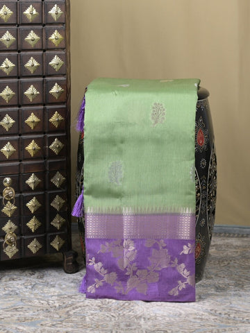 Raw mango fancy saree pista green color allover zari weaves & zari border with brocade pallu and plain blouse