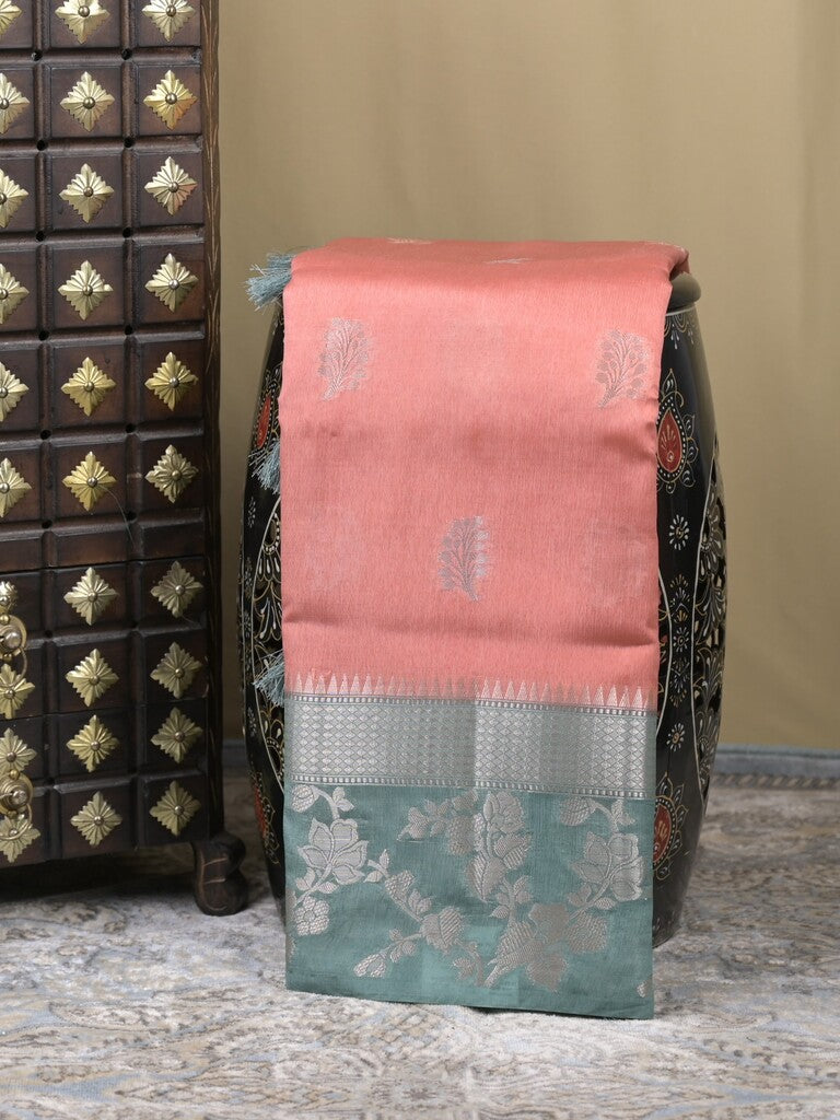 Raw mango fancy saree light pink color allover zari weaves & zari border with brocade pallu and plain blouse