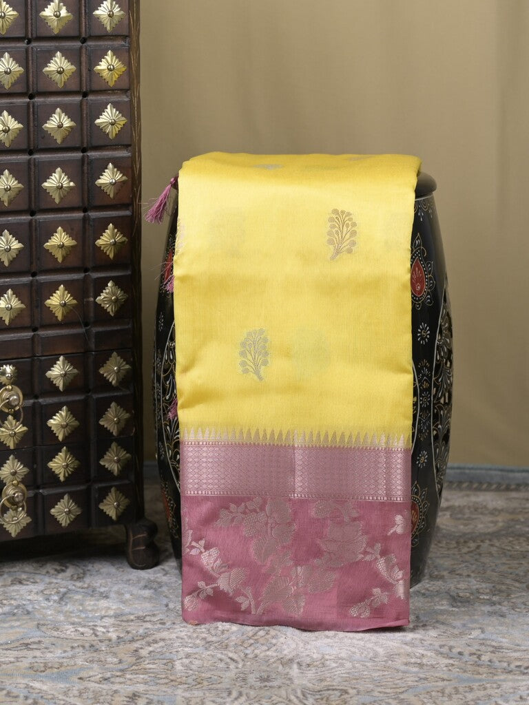 Raw mango fancy saree yellow color allover zari weaves & zari border with brocade pallu and plain blouse