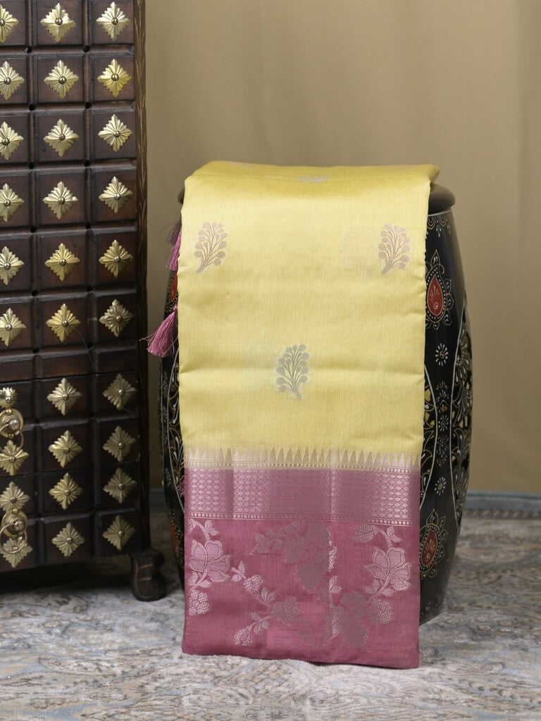 Raw mango fancy saree pastel yellow color allover zari weaves & zari border with brocade pallu and plain blouse