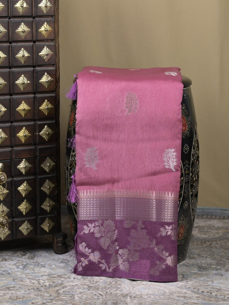 Raw mango fancy saree purple color allover zari weaves & zari border with brocade pallu and plain blouse