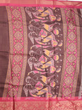 Dola silk fancy saree brown color allover stripes & zari border with printed pallu and printed blouse