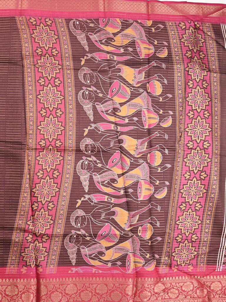 Dola silk fancy saree brown color allover stripes & zari border with printed pallu and printed blouse