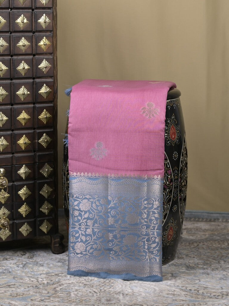 Raw mango fancy saree purple color allover zari weaves & zari border with brocade pallu and plain blouse