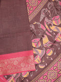 Dola silk fancy saree brown color allover stripes & zari border with printed pallu and printed blouse