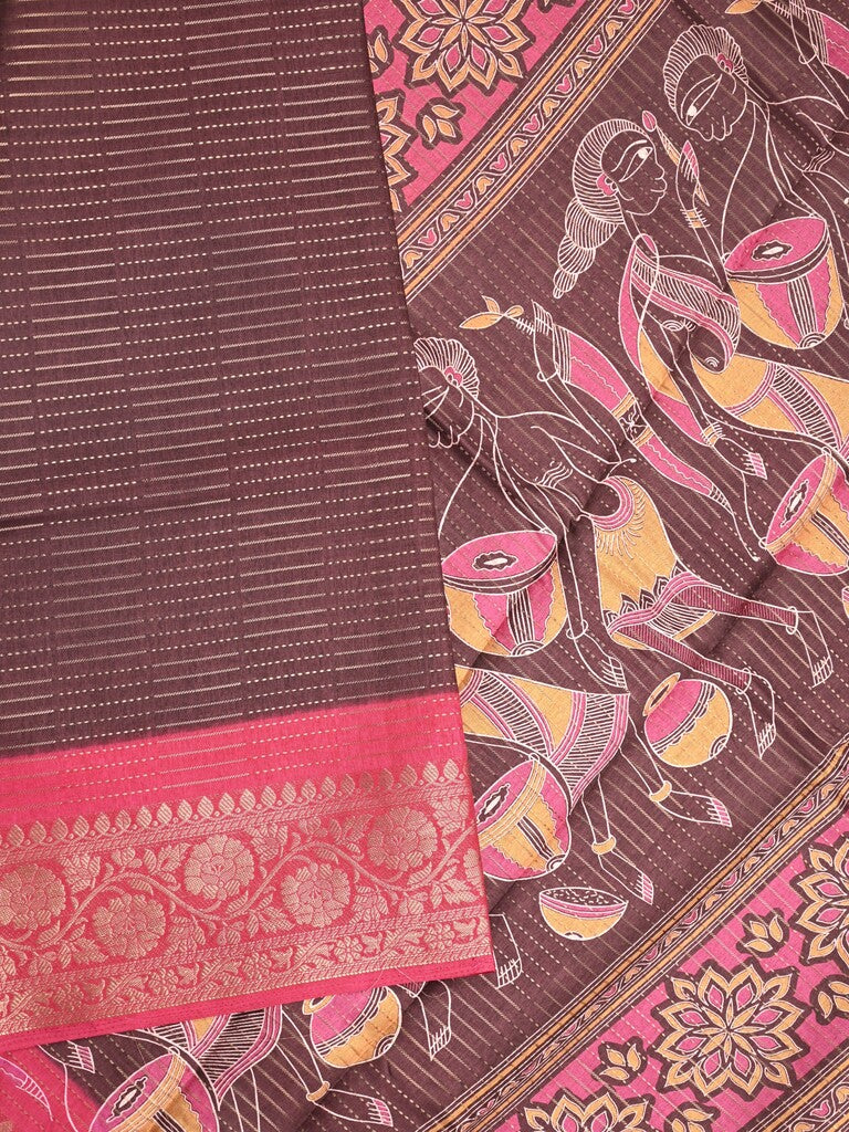 Dola silk fancy saree brown color allover stripes & zari border with printed pallu and printed blouse