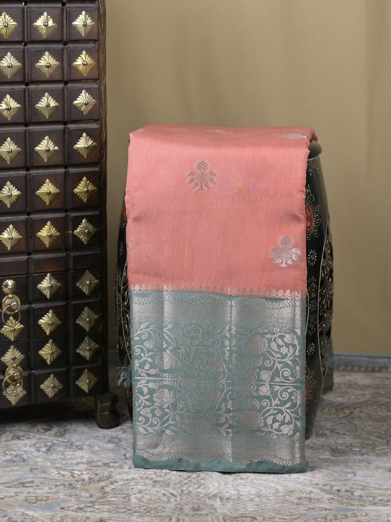 Raw mango fancy saree coral pink color allover zari weaves & zari border with brocade pallu and plain blouse