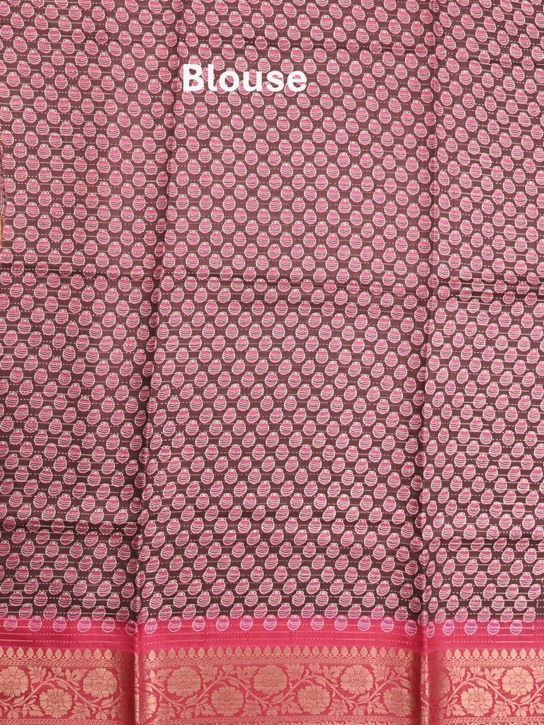 Dola silk fancy saree brown color allover stripes & zari border with printed pallu and printed blouse