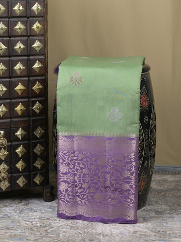 Raw mango fancy saree pista green color allover zari weaves & zari border with brocade pallu and plain blouse