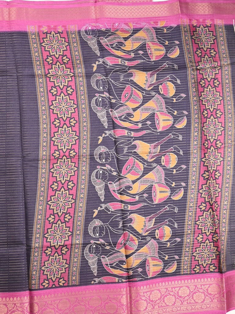 Dola silk fancy saree navy blue color allover stripes & zari border with printed pallu and printed blouse