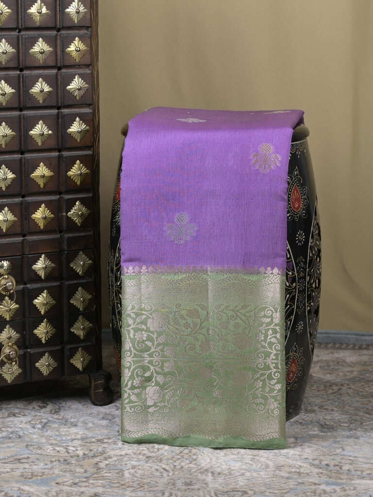 Raw mango fancy saree lavender color allover zari weaves & zari border with brocade pallu and plain blouse