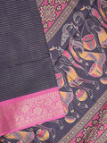 Dola silk fancy saree navy blue color allover stripes & zari border with printed pallu and printed blouse