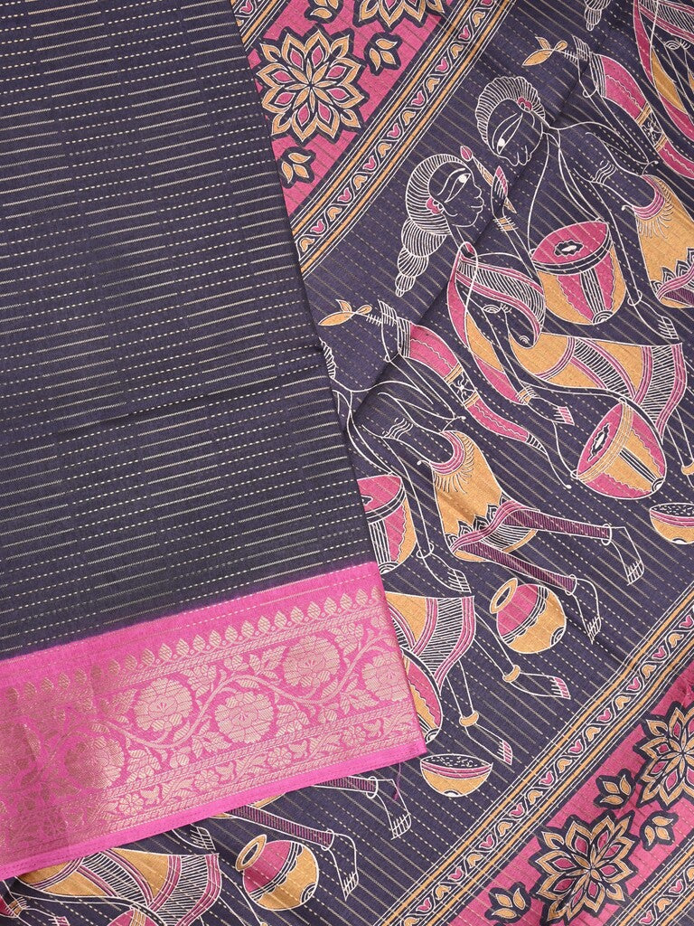 Dola silk fancy saree navy blue color allover stripes & zari border with printed pallu and printed blouse