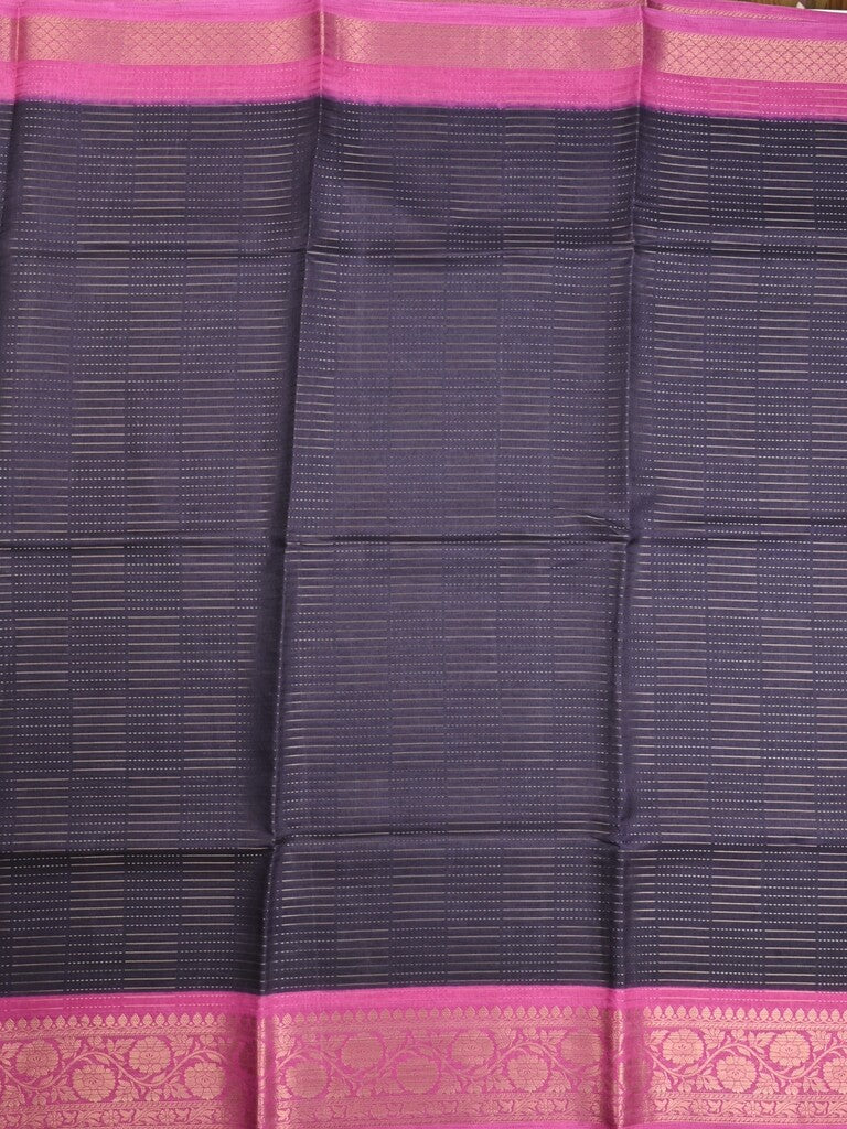 Dola silk fancy saree navy blue color allover stripes & zari border with printed pallu and printed blouse