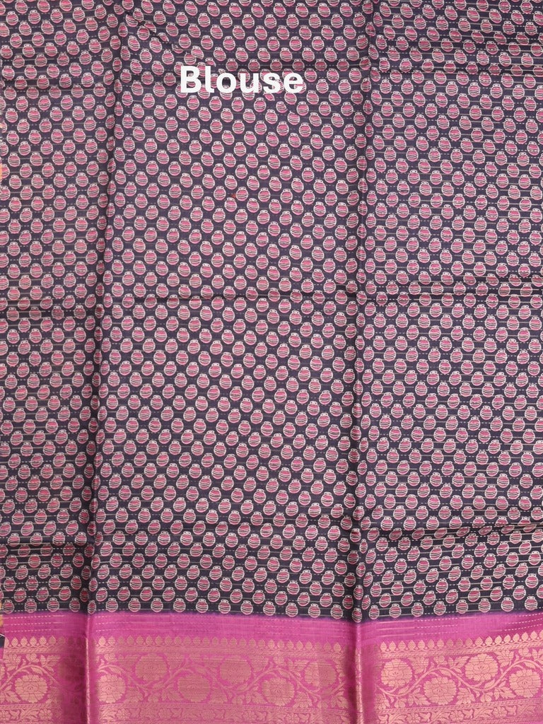 Dola silk fancy saree navy blue color allover stripes & zari border with printed pallu and printed blouse