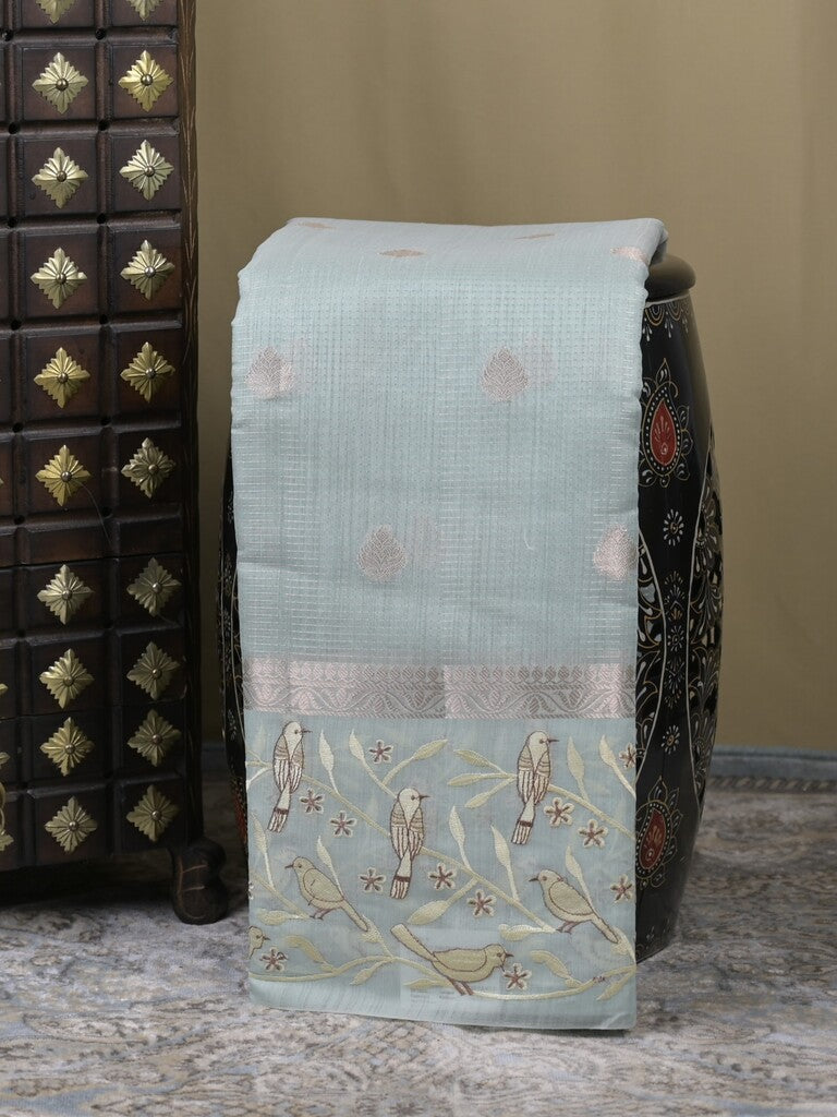 Chanderi fancy saree light blue color allover zari motifs & zari border with brocade pallu and attached plain blouse