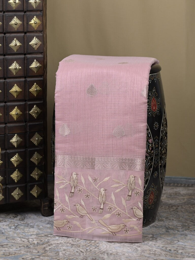 Chanderi fancy saree onion pink color allover zari motifs & zari border with brocade pallu and attached plain blouse