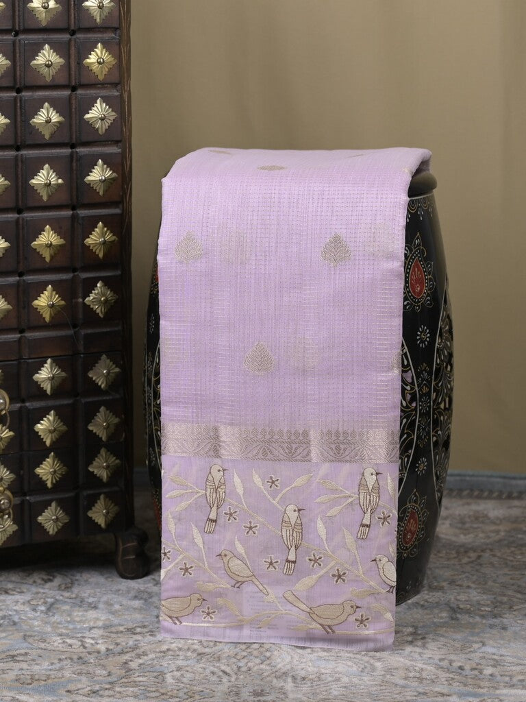 Chanderi fancy saree light lavender color allover zari motifs & zari border with brocade pallu and attached plain blouse