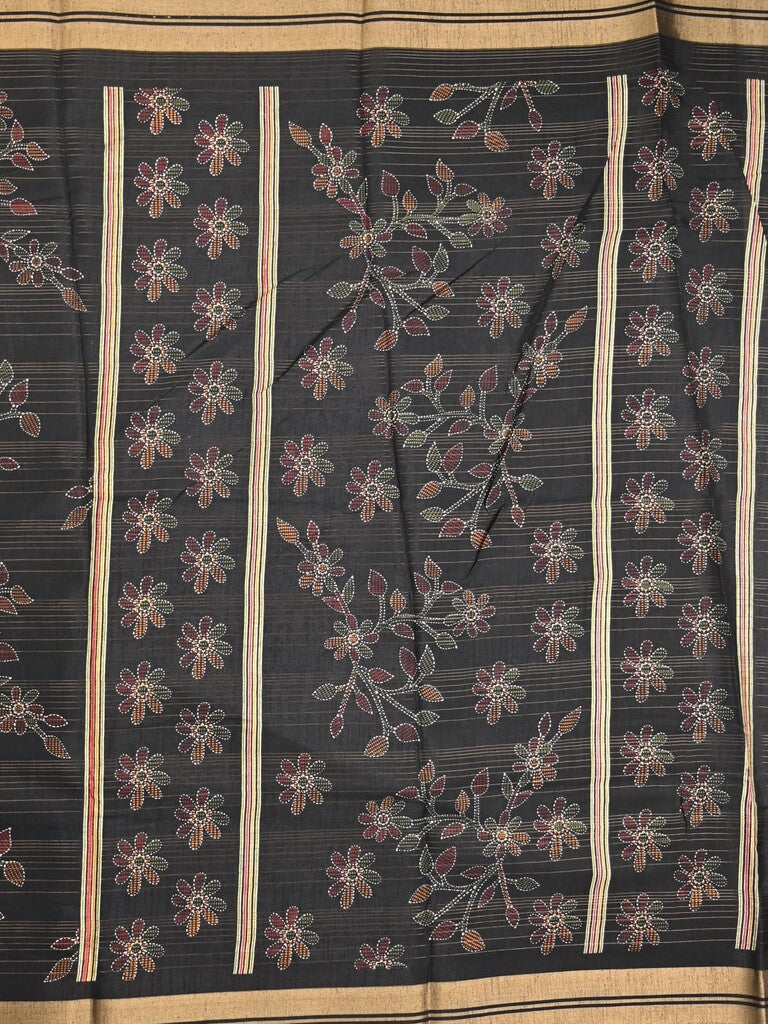 Dola silk fancy saree black color allover prints & zari border with printed pallu and plain blouse