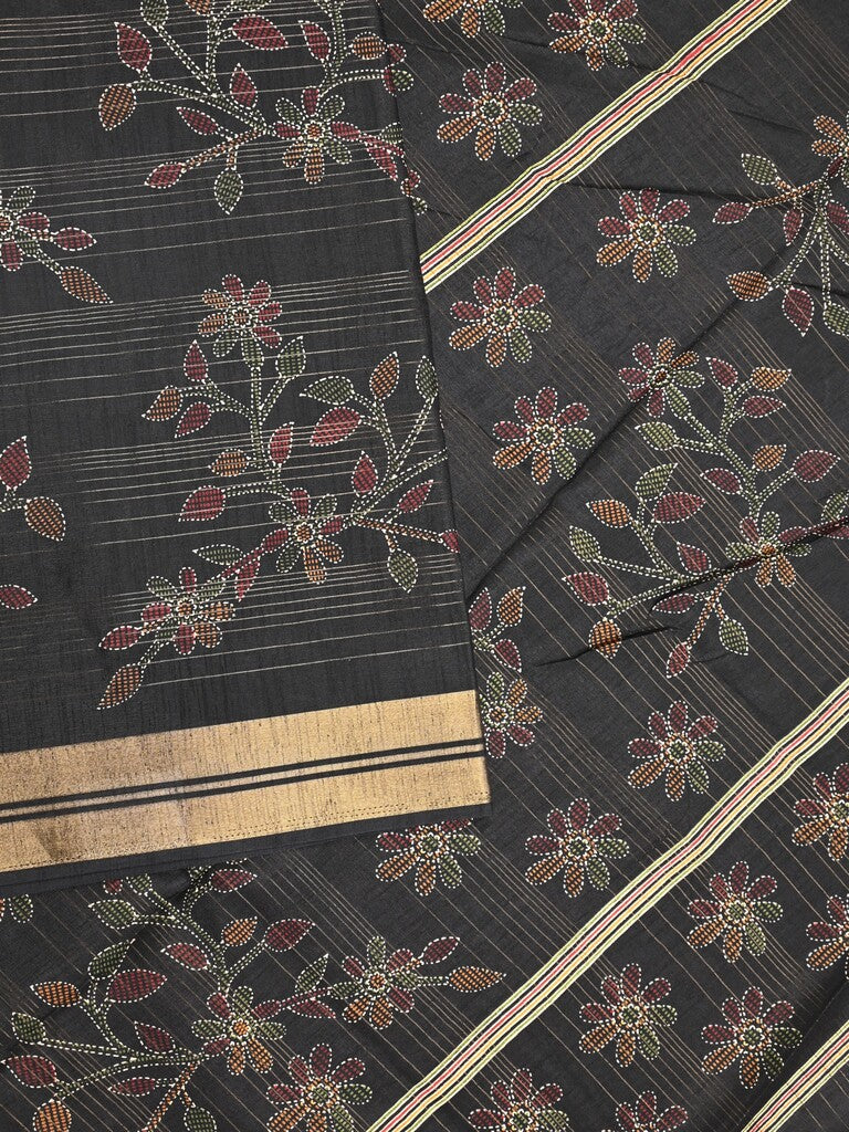 Dola silk fancy saree black color allover prints & zari border with printed pallu and plain blouse