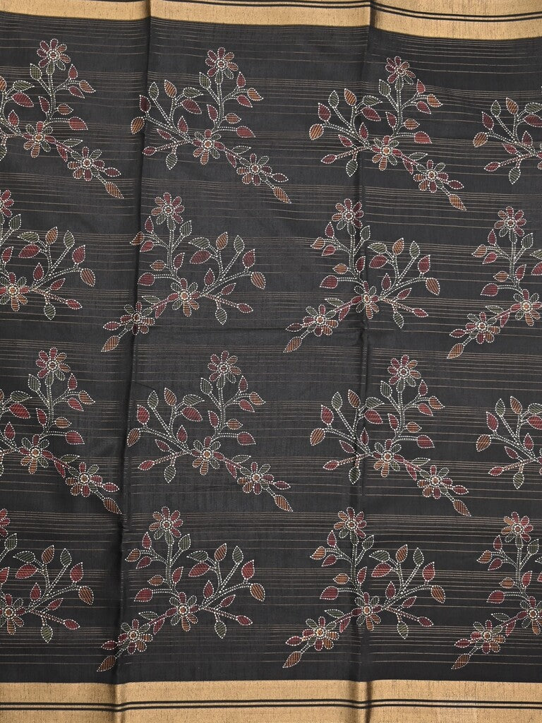 Dola silk fancy saree black color allover prints & zari border with printed pallu and plain blouse