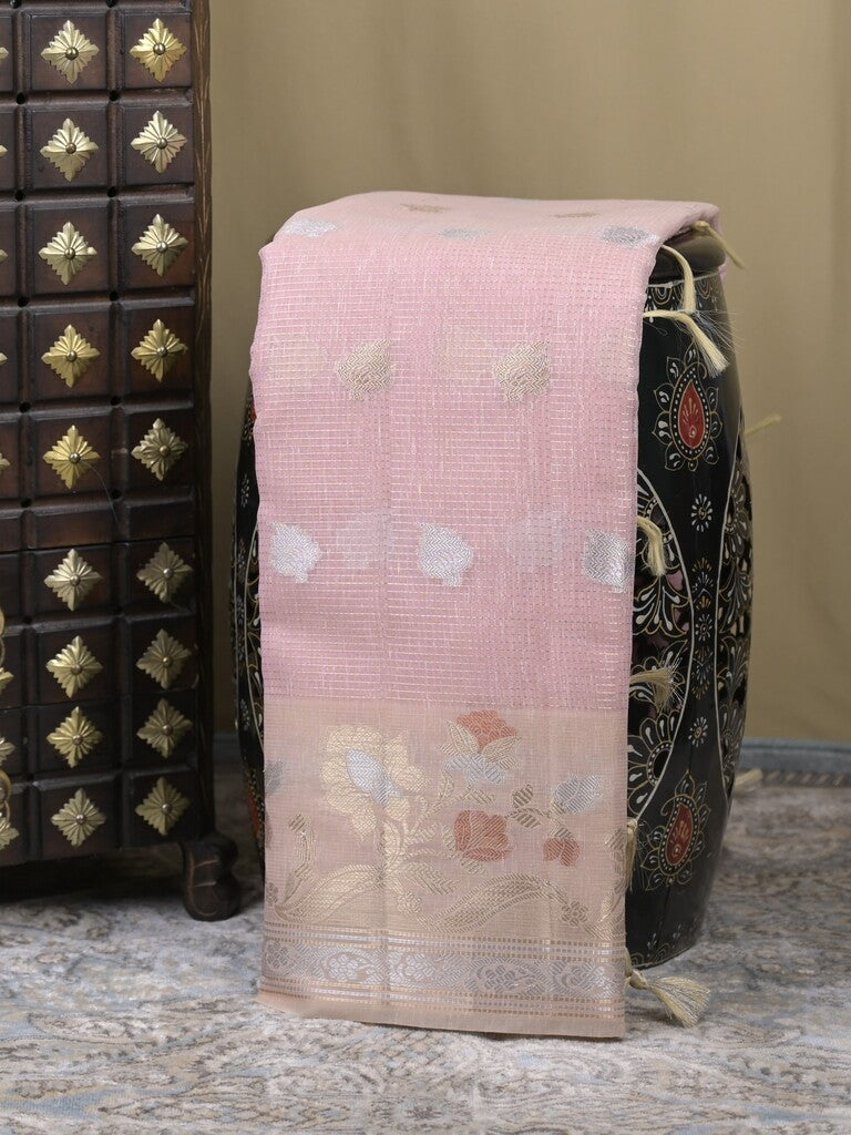 Chanderi fancy saree light pink color allover zari motifs & zari border with brocade pallu and attached plain blouse