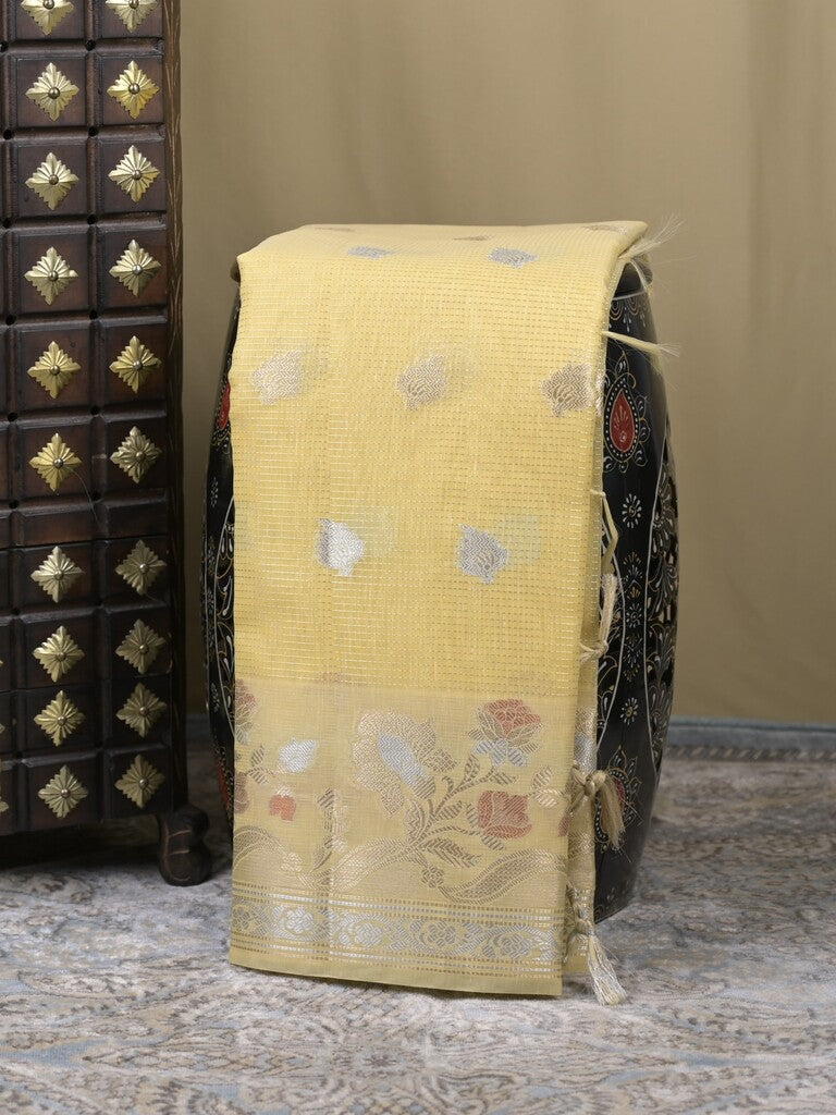 Chanderi fancy saree light yellow color allover zari motifs & zari border with brocade pallu and attached plain blouse