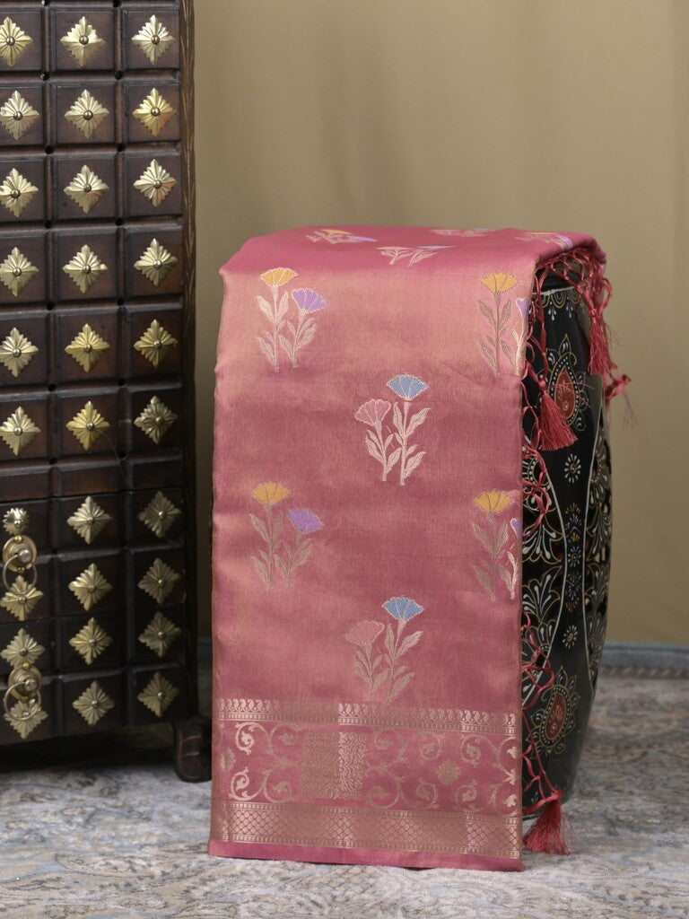 Organza tissue fancy saree onion pink color allover zari weaves & zari border with brocade pallu and attached brocade blouse