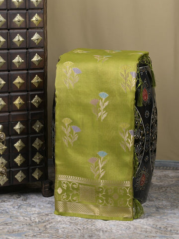 Organza tissue fancy saree parrot green color allover zari weaves & zari border with brocade pallu and attached brocade blouse