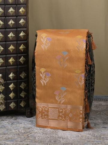 Organza tissue fancy saree mustard yellow color allover zari weaves & zari border with brocade pallu and attached brocade blouse