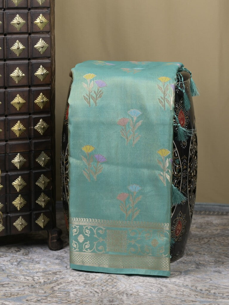 Organza tissue fancy saree sky blue color allover zari weaves & zari border with brocade pallu and attached brocade blouse