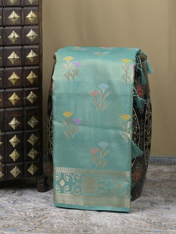 Organza tissue fancy saree sky blue color allover zari weaves & zari border with brocade pallu and attached brocade blouse