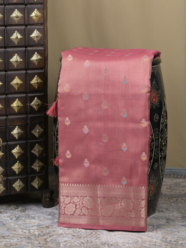 Organza tissue fancy saree pink color allover zari weaves & zari border with brocade pallu and attached brocade blouse