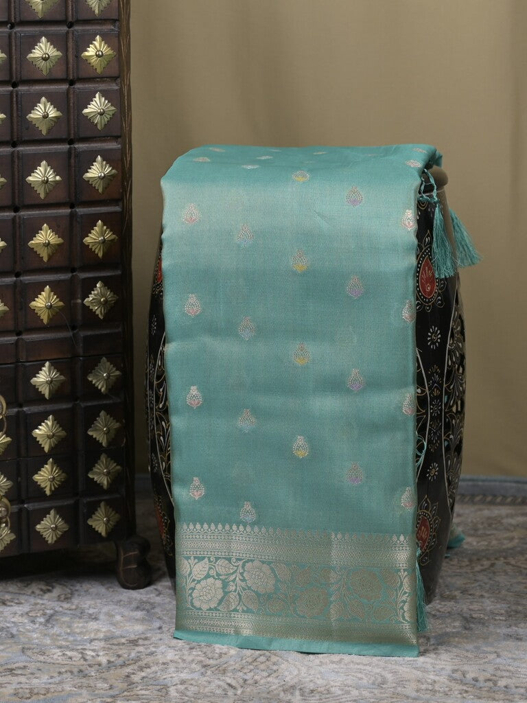 Organza tissue fancy saree sky blue color allover zari weaves & zari border with brocade pallu and attached brocade blouse