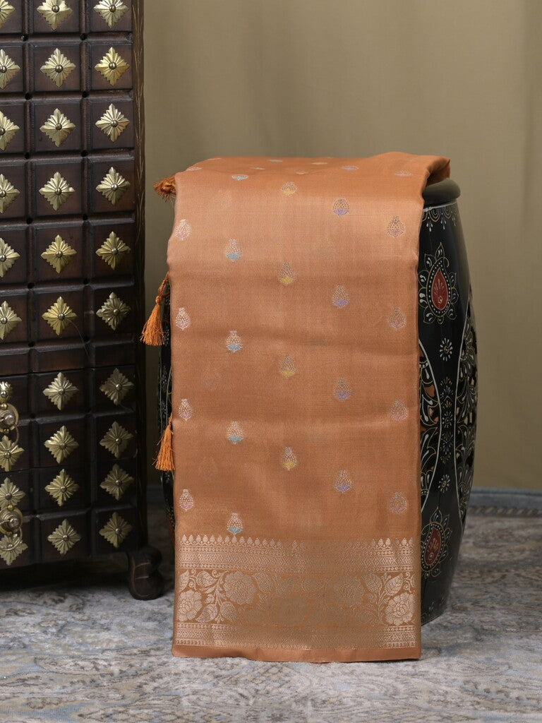 Organza tissue fancy saree peach color allover zari weaves & zari border with brocade pallu and attached brocade blouse