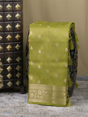 Organza tissue fancy saree parrot green color allover zari weaves & zari border with brocade pallu and attached brocade blouse