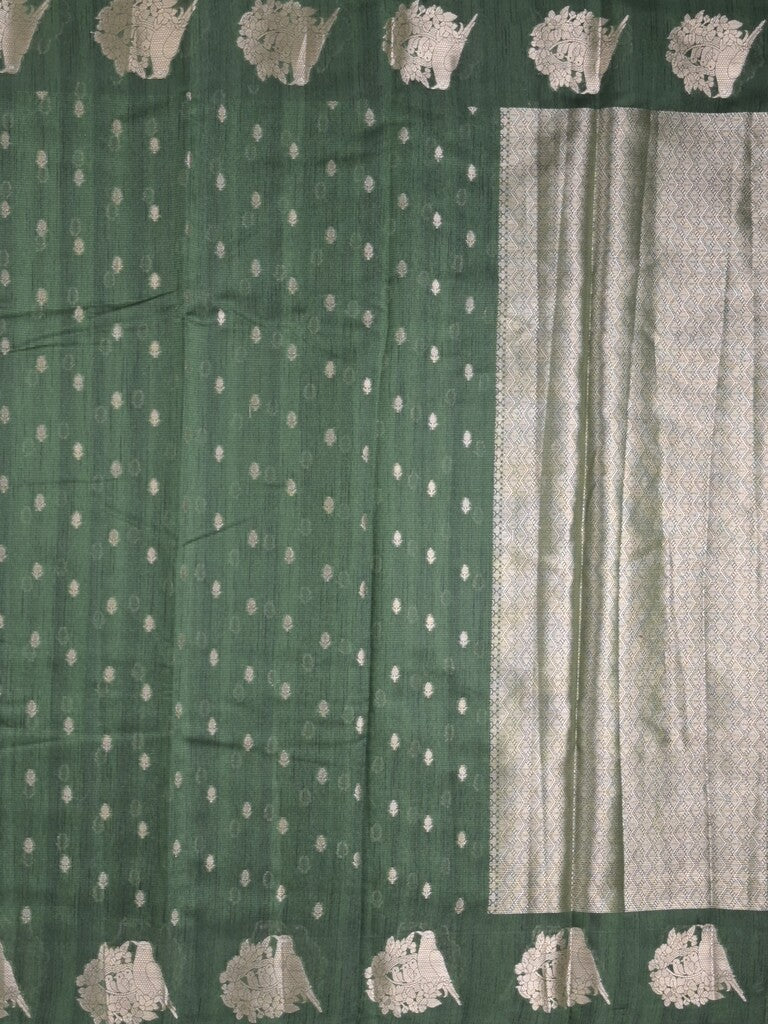 Mangalagiri fancy saree bottle green color allover zari motifs & zari border with brocade pallu and plain blouse