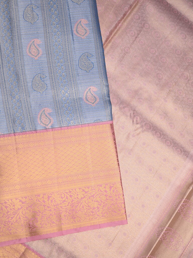 Kanchi tissue pattu saree light blue color allover zari weaves & kanchi border with rich pallu and contrast tissue blouse