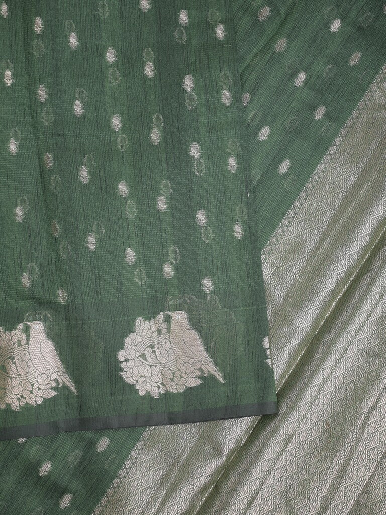 Mangalagiri fancy saree bottle green color allover zari motifs & zari border with brocade pallu and plain blouse