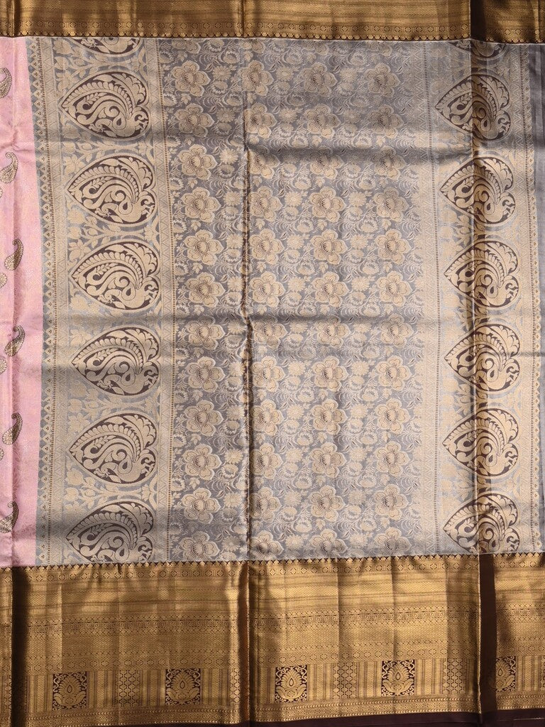 Kanchi tissue pattu saree baby pink color allover zari weaves & kanchi border with rich pallu and contrast tissue blouse