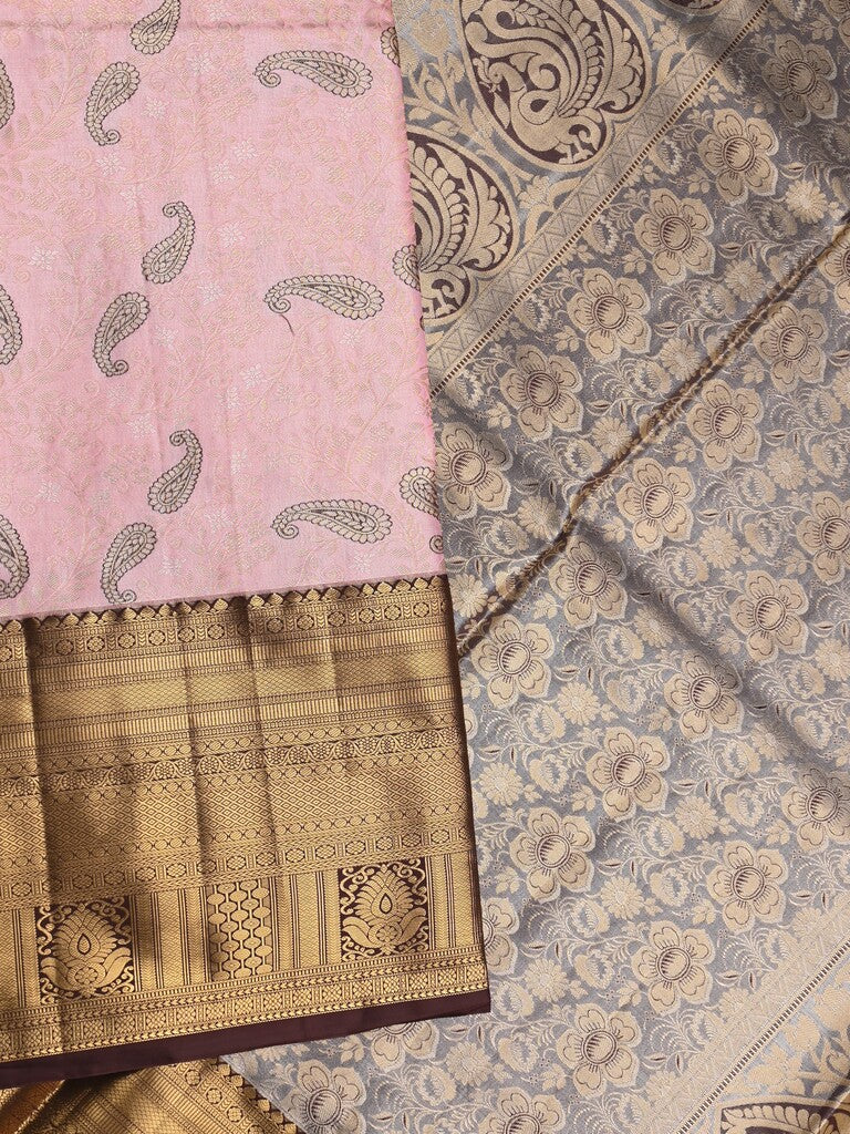 Kanchi tissue pattu saree baby pink color allover zari weaves & kanchi border with rich pallu and contrast tissue blouse