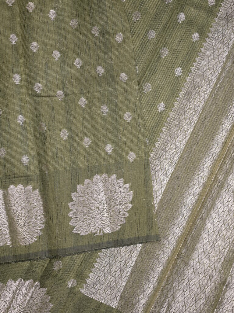 Mangalagiri fancy saree olive green color allover zari motifs & zari border with brocade pallu and brocade blouse