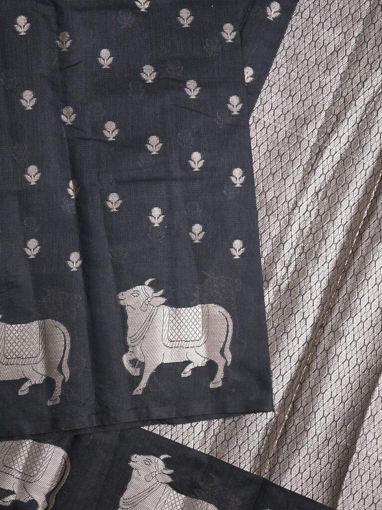 Mangalagiri fancy saree black color allover zari motifs & zari border with brocade pallu and brocade blouse