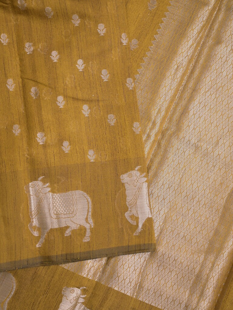 Mangalagiri fancy saree mustard yellow color allover zari motifs & zari border with brocade pallu and brocade blouse